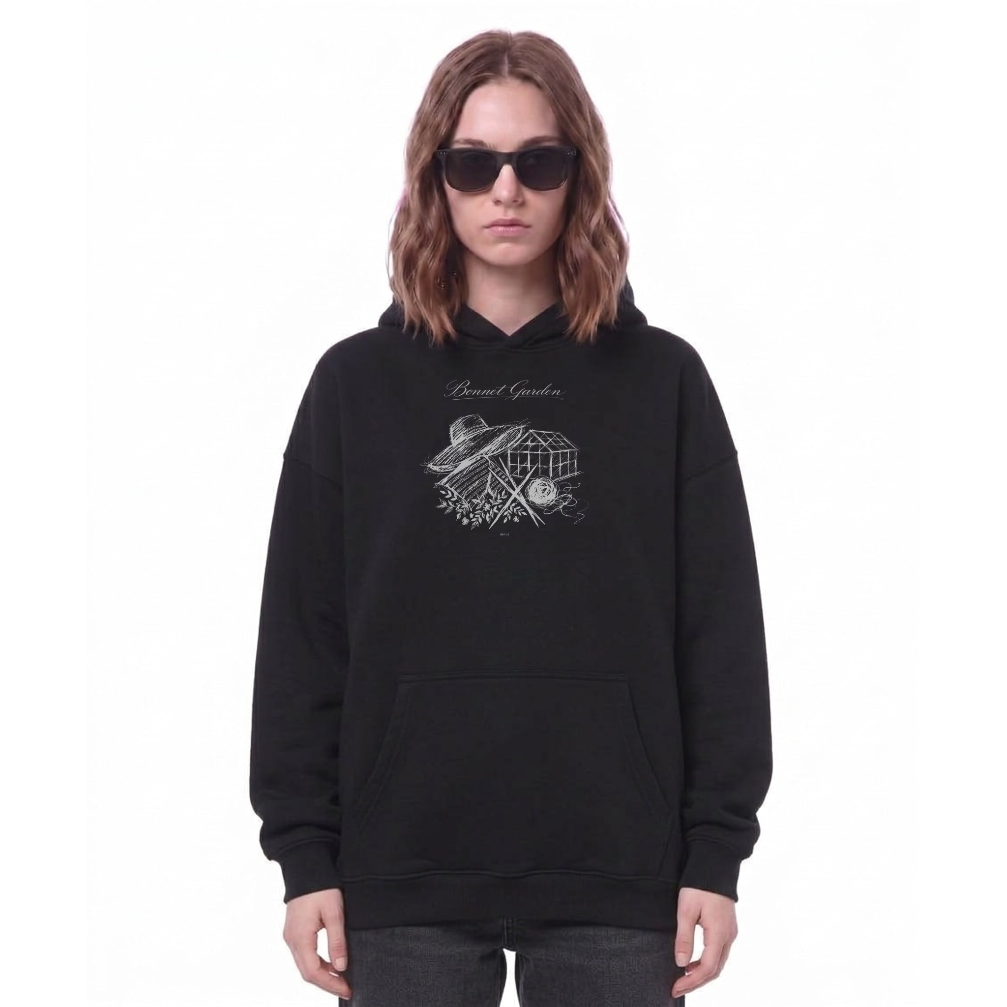 Bennet Garden Greenhouse Sketch Oversize Fleeced Hoodie — Cover · Black