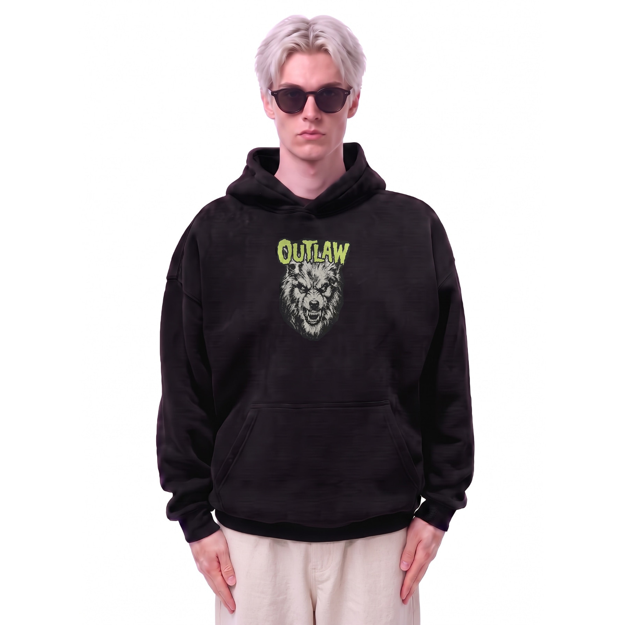 Outlaw Wolf Graphic Oversize Fleeced Hoodie — Cover · Black