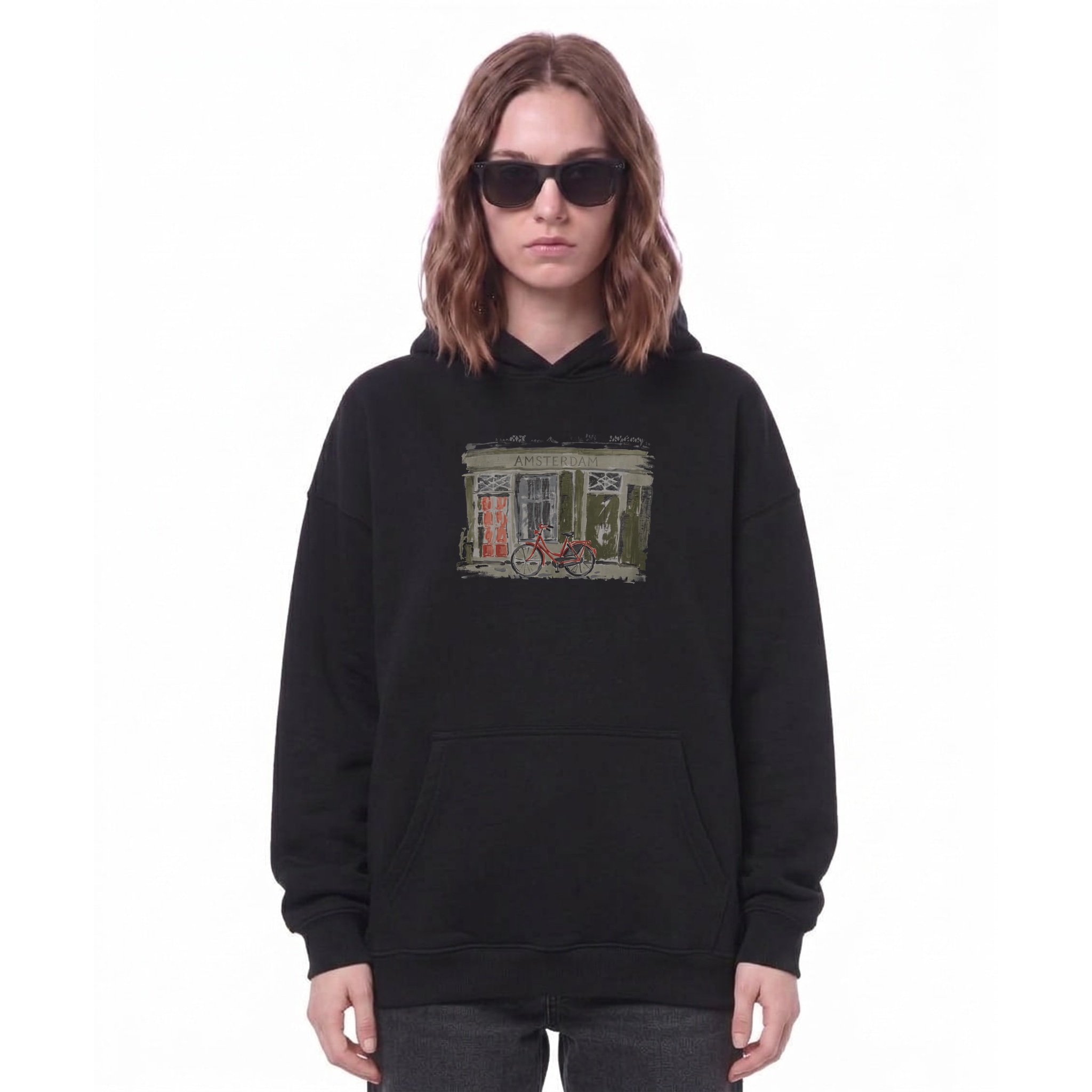 Amsterdam Bicycle Sketch Oversize Fleeced Hoodie — Cover · Black