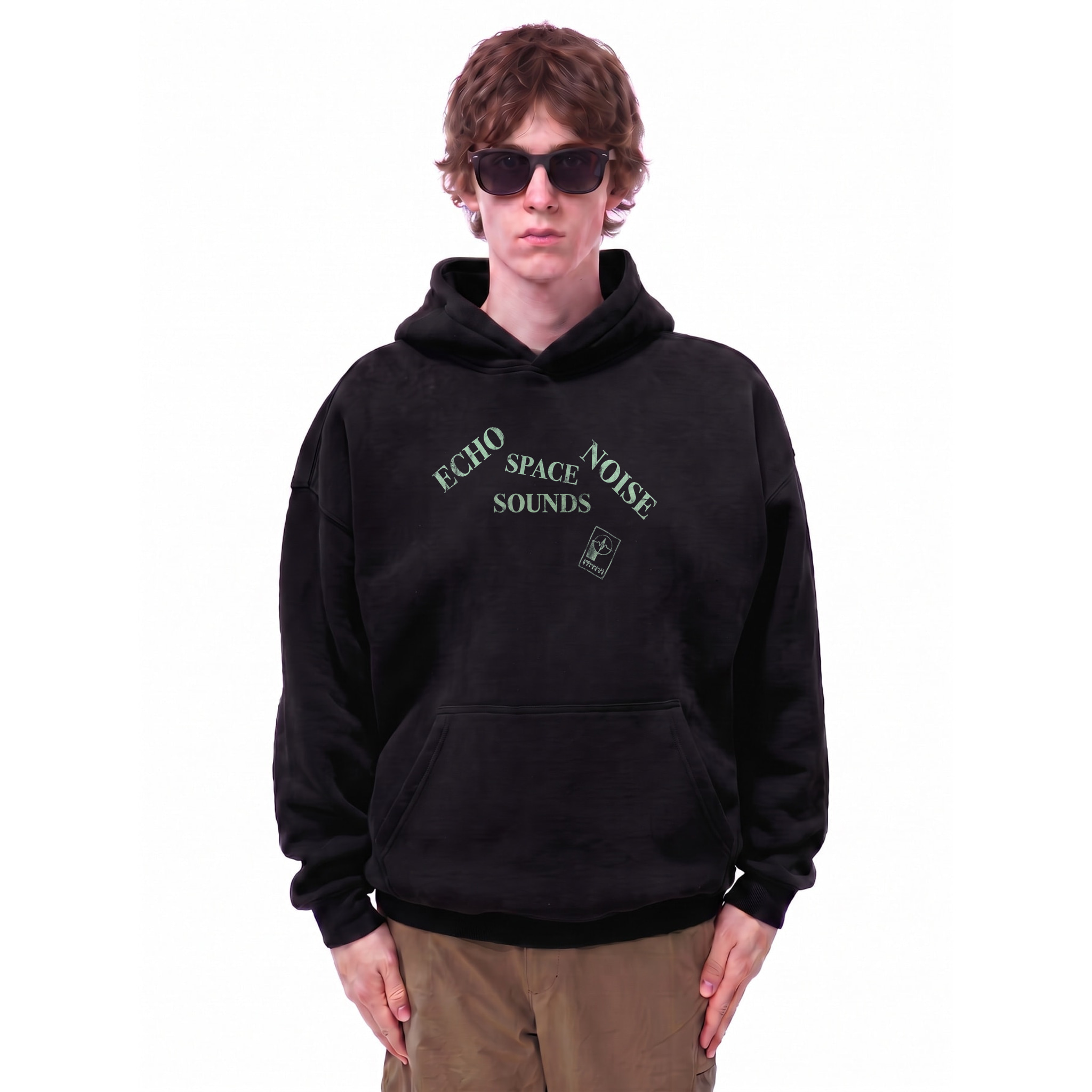 Echo Space Noise Distressed Oversize Fleeced Hoodie — Cover · Black
