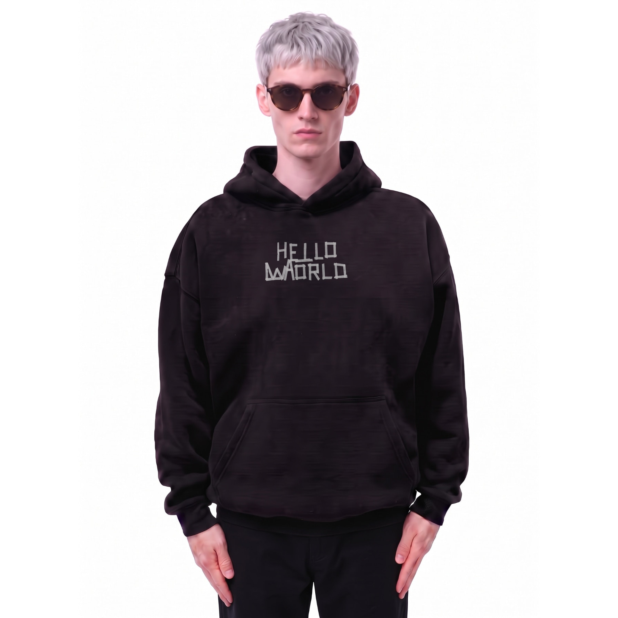 Hello World Tape Oversize Oversize Fleeced Hoodie — Cover · Black