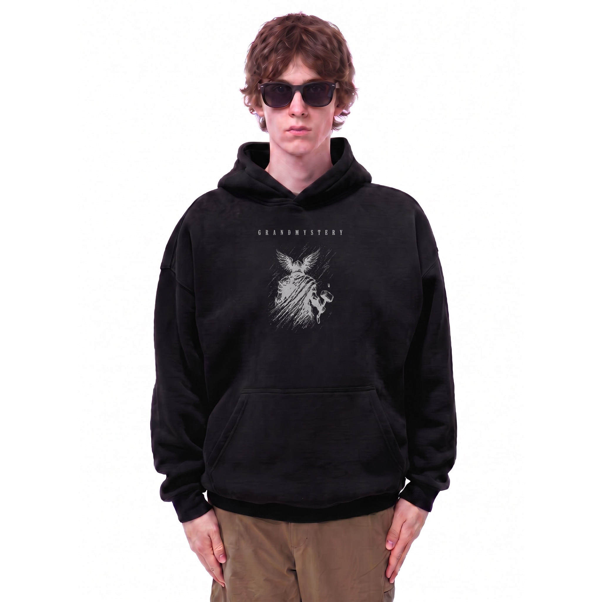 Grand Mystery Winged Sketch Oversize Fleeced Hoodie — Cover · Black