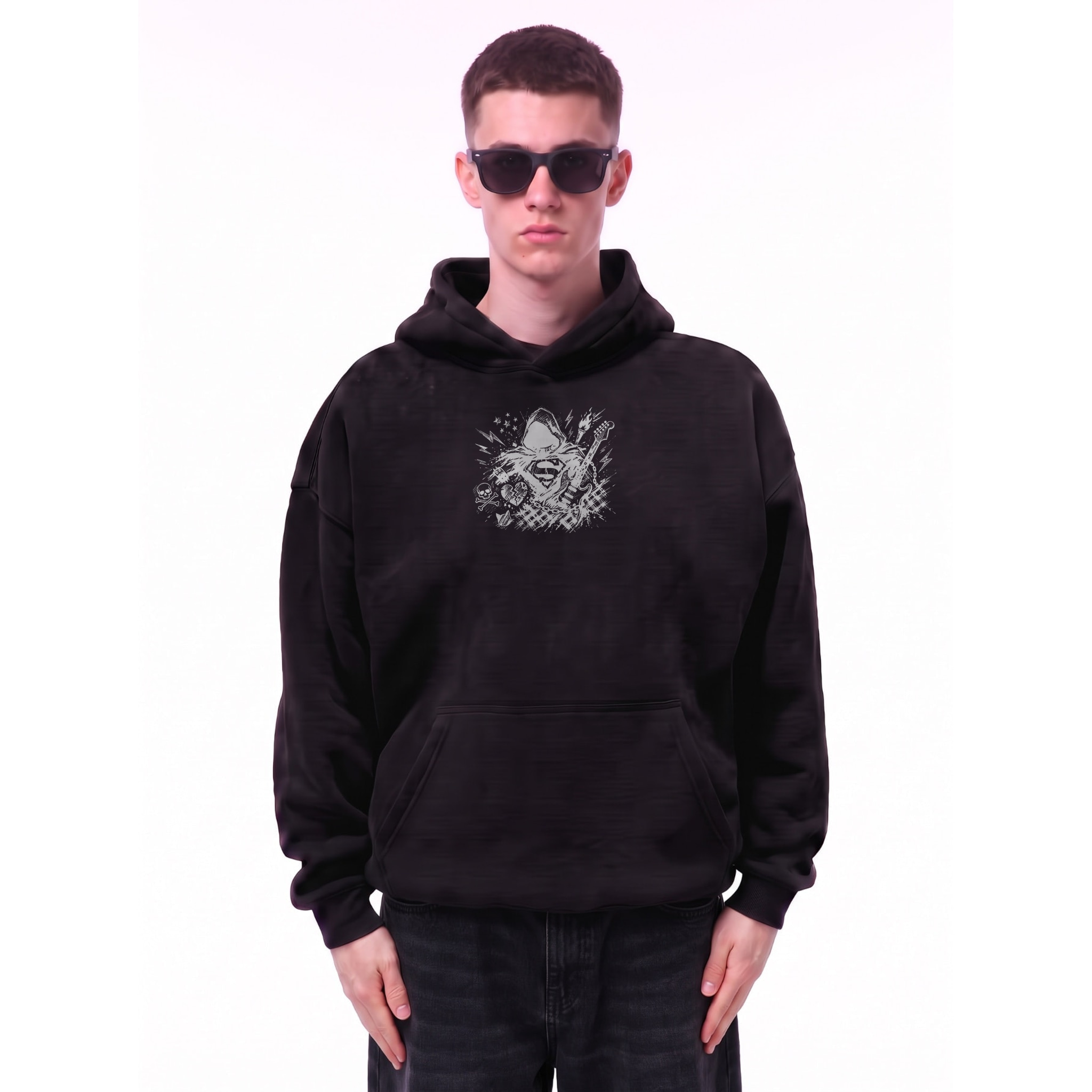 Grim Riff Graphic Oversize Fleeced Hoodie — Cover · Black